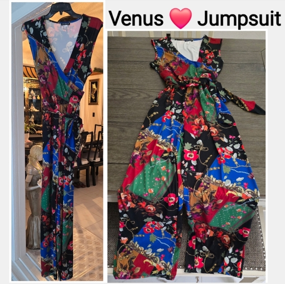 VENUS Pants - VENUS Wrap Collar Colorful Multicolor Floral Jumpsuit Size M